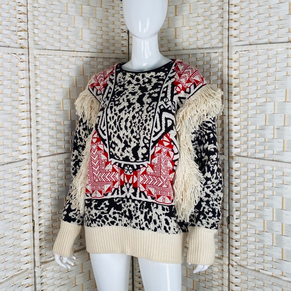 Designer Emilio Pucci, Womens Multi Color Mohair Knit Pull Over Fringed Sweater,